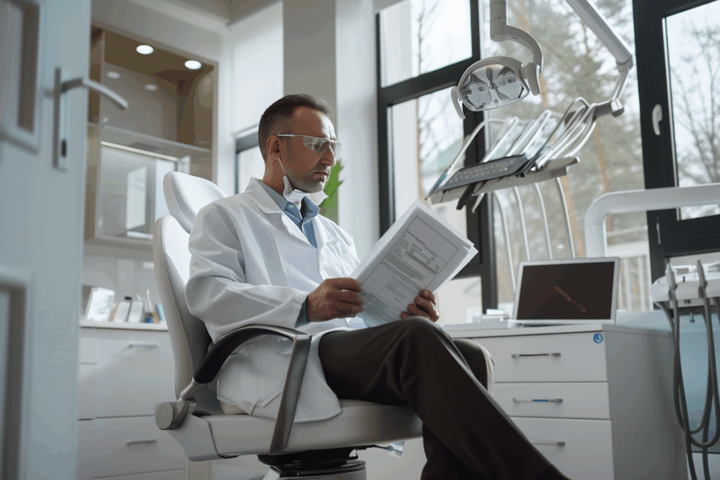 Dentist reviewing disability-insurance documents in dental office | dentist disability insurance | income protection | financial planning | dental practice | insurance paperwork.