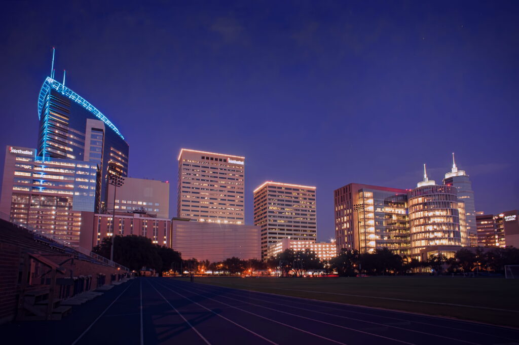 erial view of the Texas Medical Center in Houston showing the scale of the medical campus and affiliated hospital buildings including Ben Taub General Hospital and Texas Children's Hospital