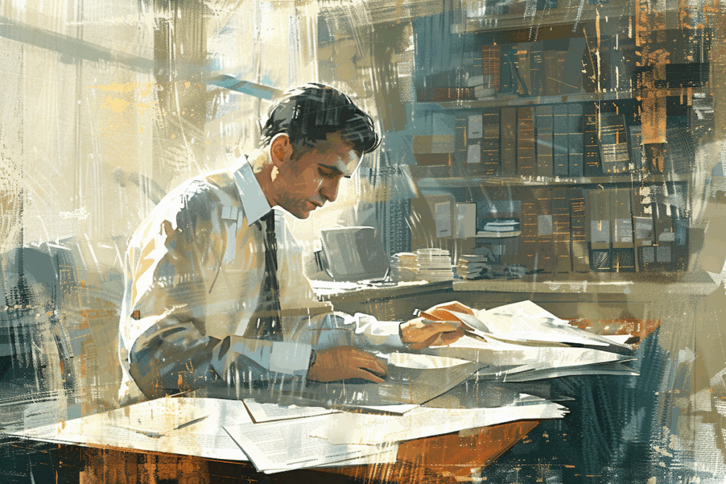 Attorney examining paperwork related to Disability Insurance for Attorneys, Attorney Disability Insurance, and long-term lawyer disability coverage requirements.