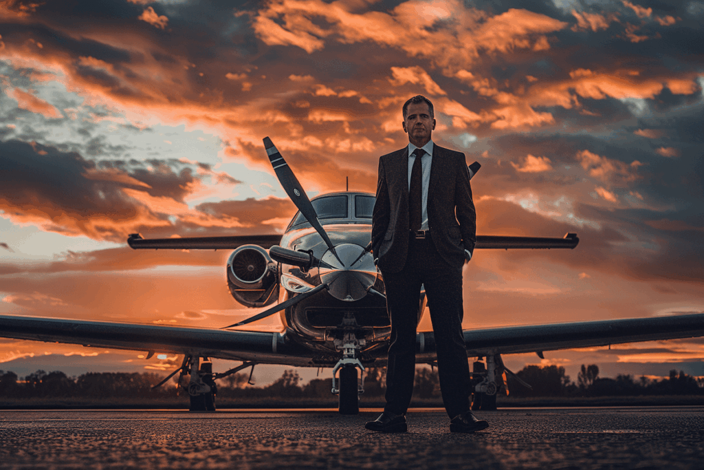 Executive standing by a small airplane, illustrating Disability Insurance for Executives, executive disability coverage, high-income professional income protection, executive pilot risk management, and executive term life insurance, with entities including the Texas Department of Insurance, National Transportation Safety Board, a corporate employer, a financial advisor, and a private pilot association, and LSI keywords such as contestability period, aviation exclusion rider, material misrepresentation, portable coverage, and long-term income protection strategy.