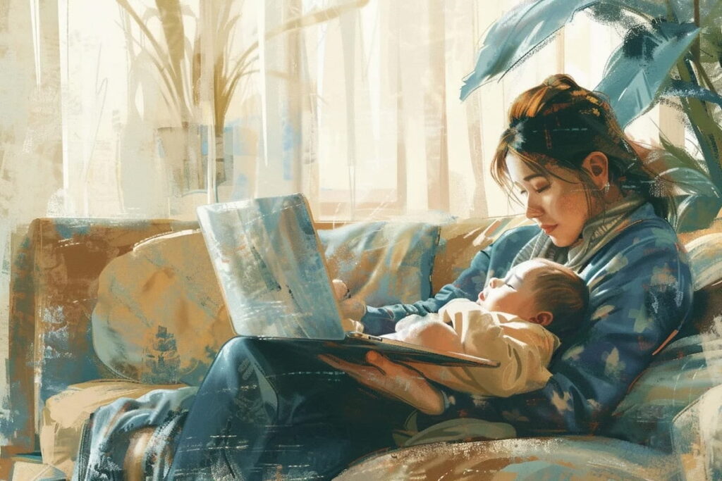 A new mother reviewing insurance paperwork beside her sleeping baby at home, representing disability protection for dentists, dentist disability insurance, disability income insurance for dental professionals, income protection for dentists, dentist disability coverage, disability insurance for dental practice owners, dental professional income protection, and business overhead expense insurance for dentists.