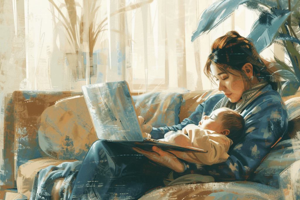 A new mother reviewing insurance paperwork beside her sleeping baby at home, representing disability protection for dentists, dentist disability insurance, disability income insurance for dental professionals, income protection for dentists, dentist disability coverage, disability insurance for dental practice owners, dental professional income protection, and business overhead expense insurance for dentists.