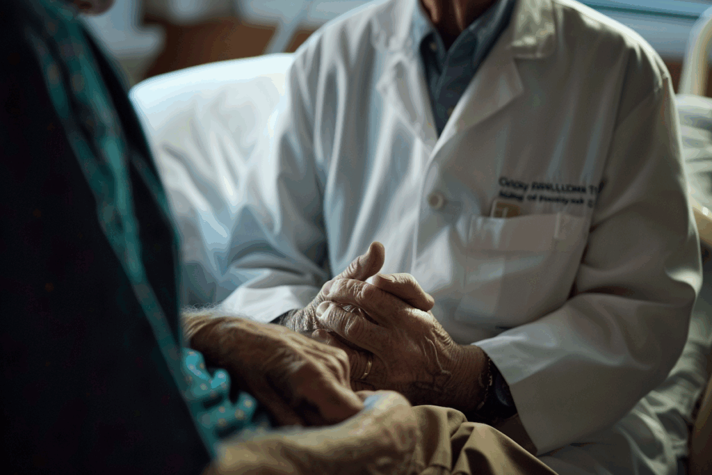 Physician in palliative care training offering counsel to an older patient, reflecting how specialty shifts can affect physician disability insurance.