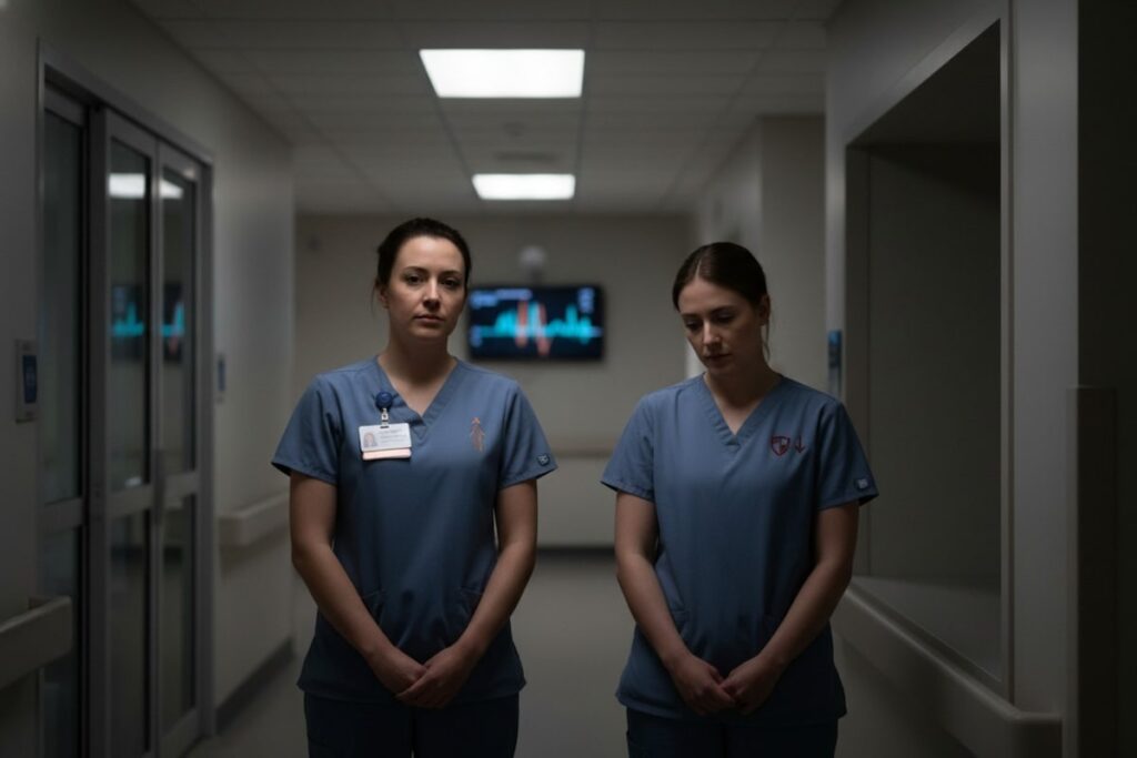 Two nurses stand in a hospital corridor as bright light falls on one and shadow covers the other, illustrating how rising CRNA earnings increasingly exceed the protection offered by employer disability plans.
