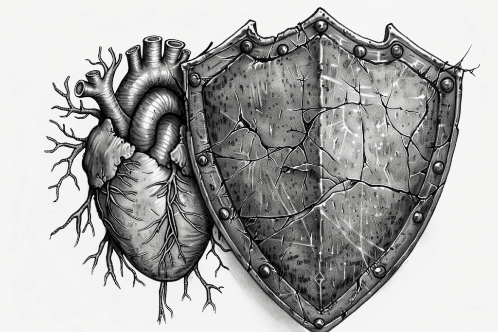 A cracked metal shield partially blocking and protecting a separate anatomical heart, symbolizing the rising occupational strain in interventional cardiology and the need for stronger disability insurance for cardiologists, including true own-occupation protection, specialty-specific coverage, risk-based pricing, and long-term cardiologist income protection.