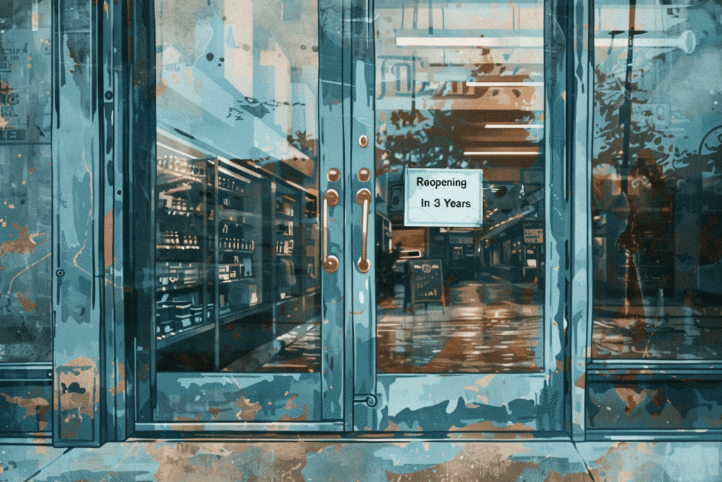 A closed storefront door representing the benefit purchase rider window that locks physicians out of guaranteed disability income increases when the three year policy anniversary passes without a submitted financial underwriting request or accepted benefit offer.