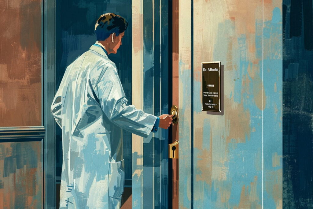 Doctor unlocking the door of a medical practice representing disability insurance for doctors who own practices and how disability income benefits are calculated when practice revenue continues during disability.
