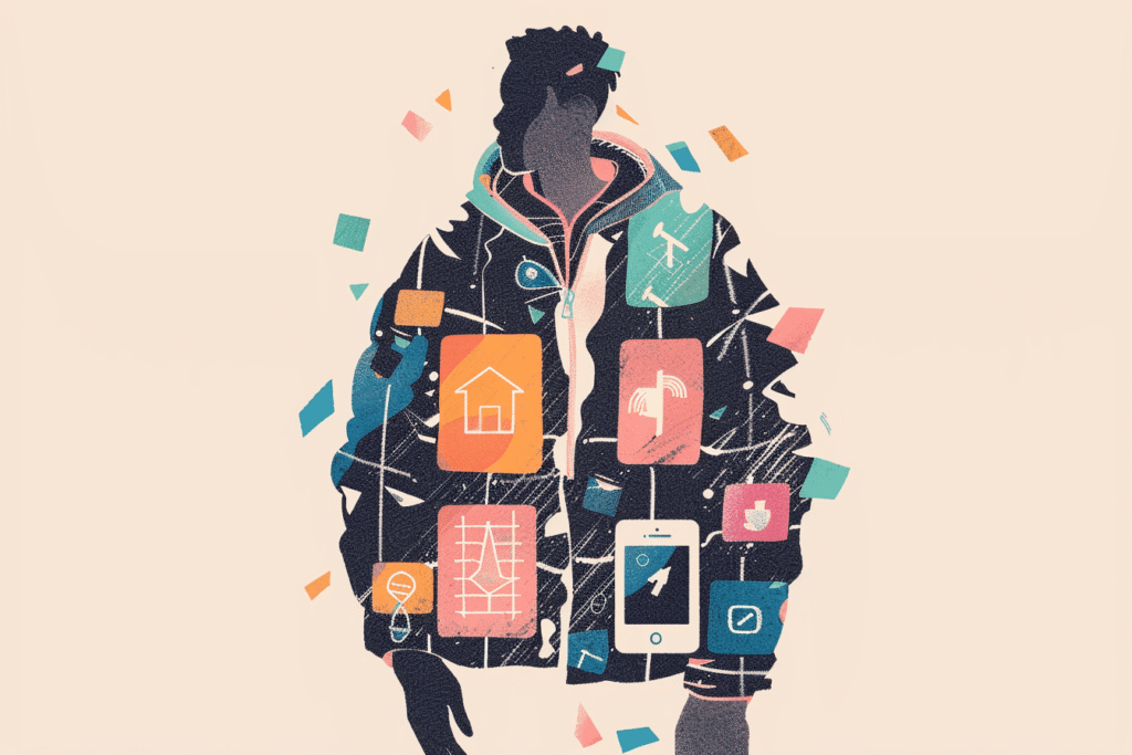 Editorial illustration of a gig economy worker surrounded by floating app icons representing multiple income streams including housing, delivery, rideshare, and digital platforms, depicting the complexity of modern freelance income.