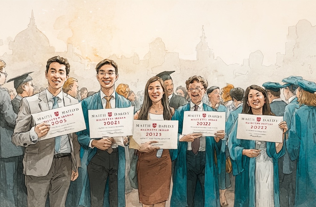 Watercolor illustration of Harvard Medical School graduates celebrating Match Day holding residency match certificates with a Boston skyline in the background