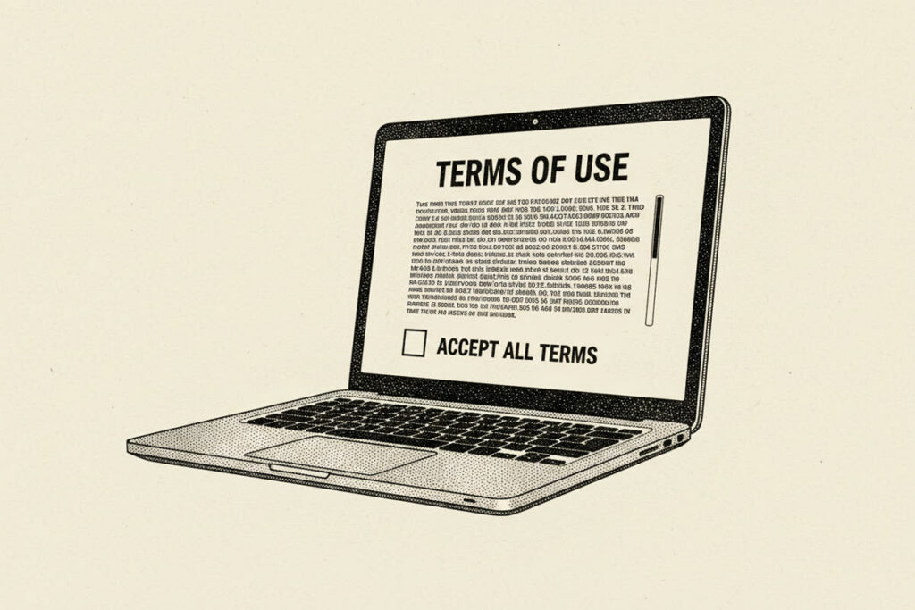 A WSJ stipple-illustrated laptop showing a Terms of Use agreement on screen with dense unread text and a prominent Accept All Terms checkbox, representing the Geisinger GSI disability insurance policy provision most medical residents accept without reading
