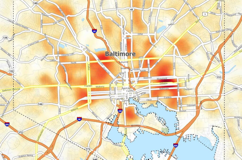 Baltimore violent crime heat map showing elevated crime concentration in Johnston Square east of Johns Hopkins Medical Campus, Druid Heights near downtown, and Brooklyn near Curtis Bay, illustrating why the act of violence endorsement in a Johns Hopkins GSI disability policy affects resident commuters
