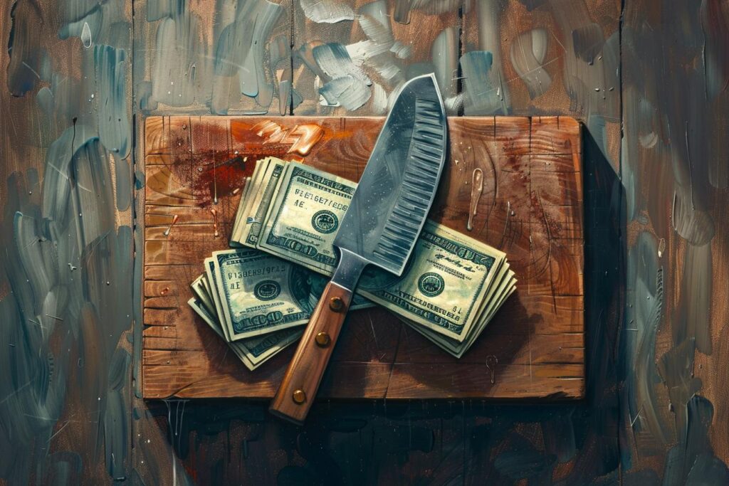 A meat cleaver embedded in a worn butcher block with $100 bills arranged on both sides, painted in textured brushwork with muted blues and copper tones