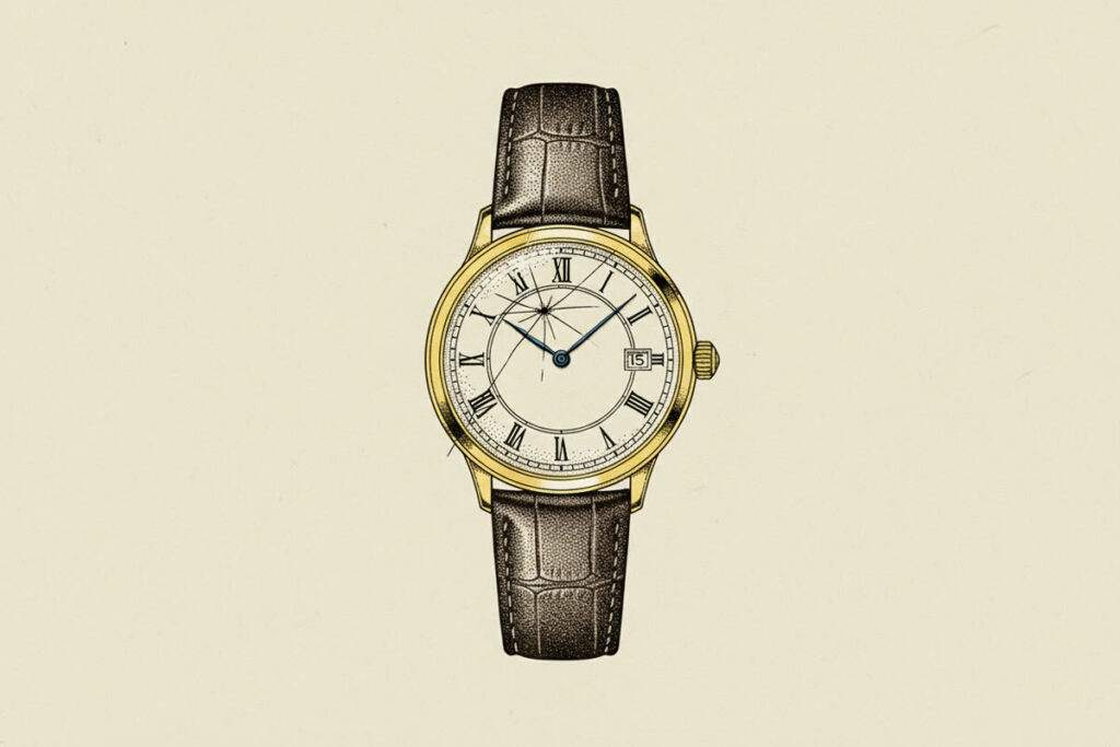 A WSJ stipple engraving of a single classic dress watch isolated on a cream background representing executive mental health disability insurance claims that go unfiled despite available coverage