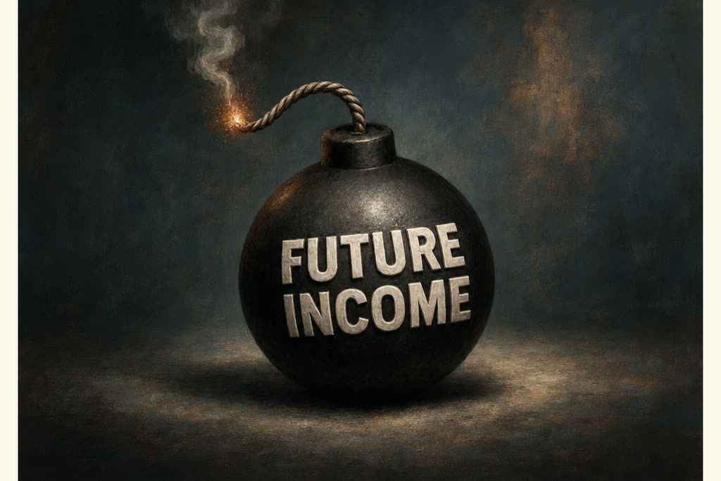 A painterly editorial illustration of a round black iron time bomb with FUTURE INCOME embossed in white letters on its surface and a lit burning fuse, representing the Geisinger GSI enrollment clock already running before Match Day for medical residents