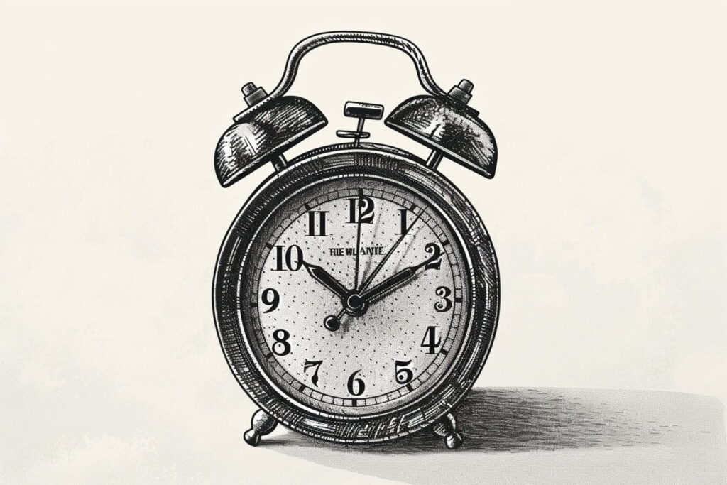 Editorial stipple illustration of an alarm clock representing the GSI disability insurance enrollment window that opens at Geisinger program start and closes when training ends — GSI eligibility window for Geisinger residents, guaranteed standard issue disability insurance timing, match day enrollment deadline, non-cancellable coverage for Geisinger GME trainees