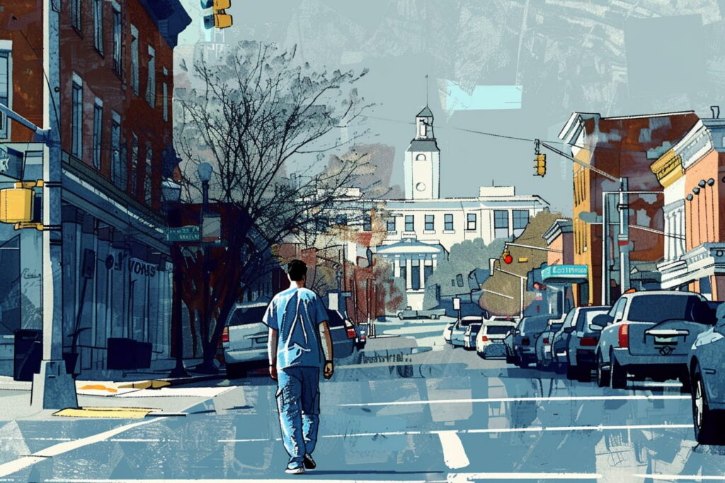 Geisinger resident physician in scrubs walking through downtown Danville Pennsylvania — GSI disability insurance enrollment, guaranteed standard issue benefit amount, income replacement for resident physicians, PGY disability coverage