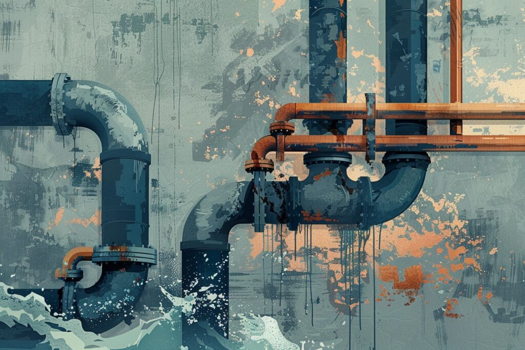 Painterly editorial illustration of a wide industrial pipe flowing into a dramatically narrower pipe, with water visibly compressed at the junction, representing how group long-term disability benefit caps reduce income replacement for high-earning executives