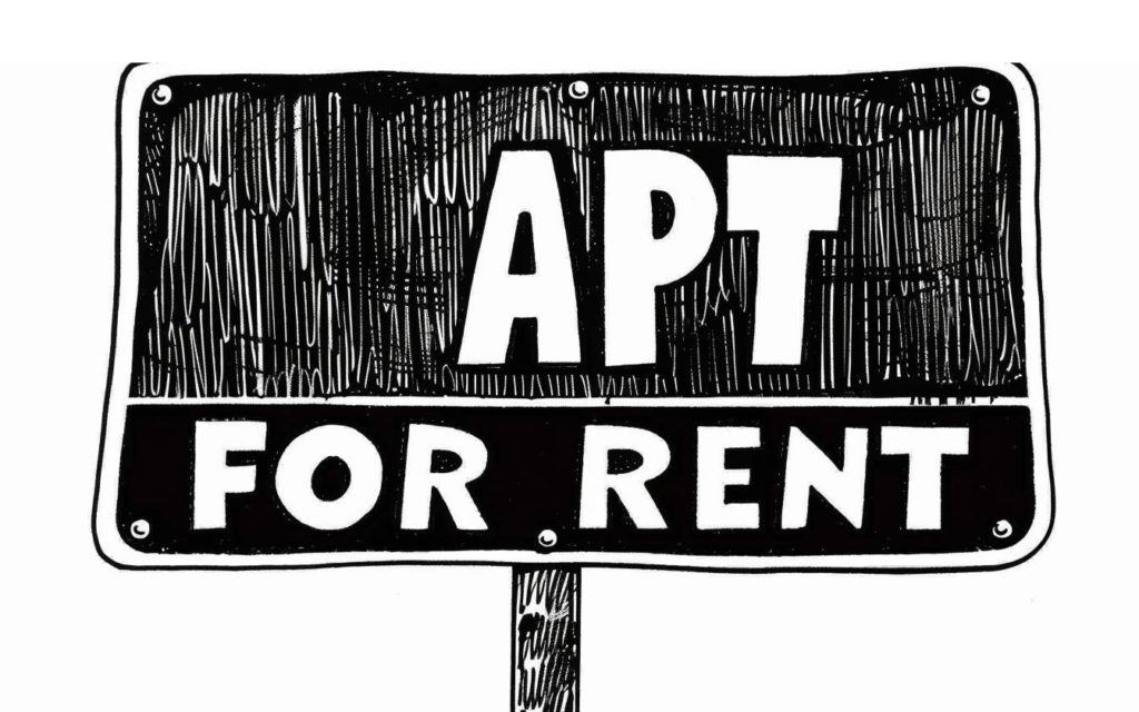 A flat apartment for rent sign with a handwritten phone number rendered in WSJ stipple illustration style, black and white crosshatching on a white background