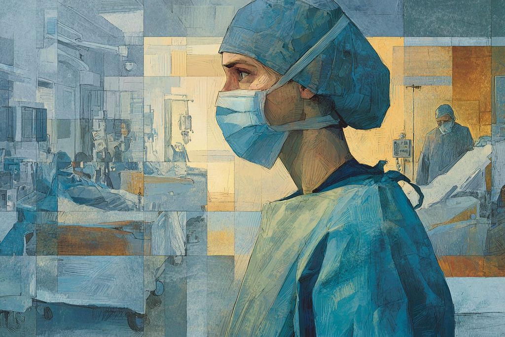 Johns Hopkins resident in clinical PPE, painterly editorial illustration of disability specialty class concept