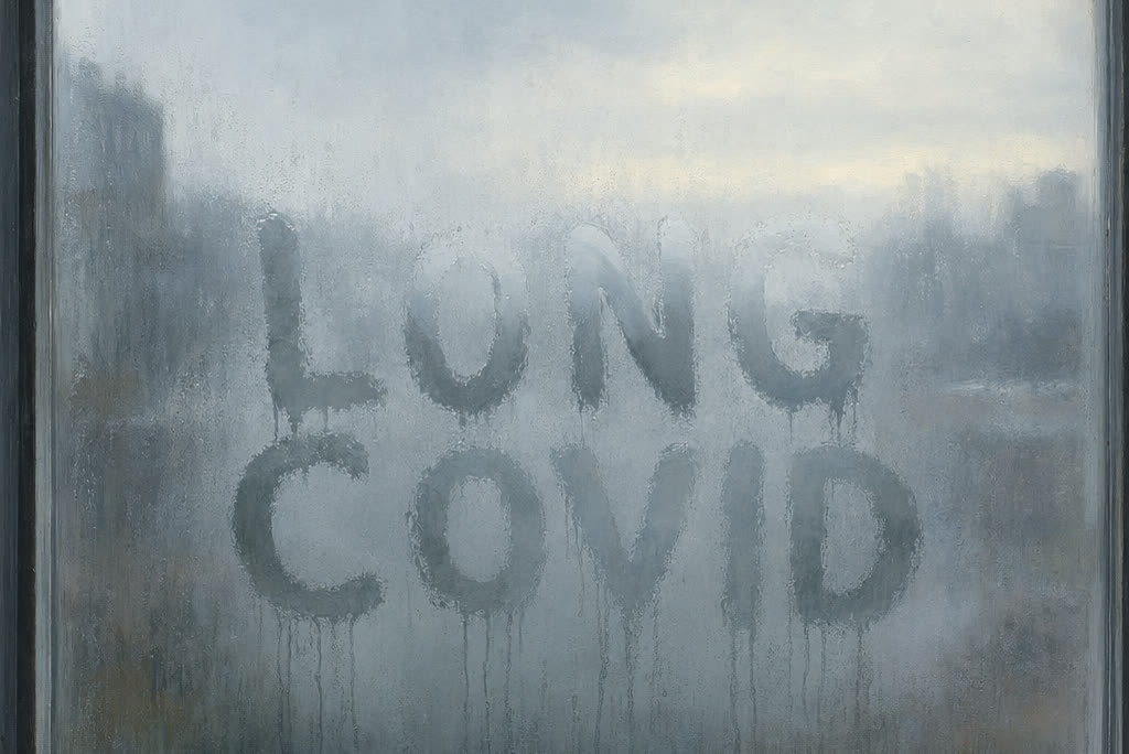 A painterly editorial illustration of the words LONG COVID traced in condensation on a fogged window pane with gray overcast light beyond the glass, representing individual disability insurance policy language and long COVID claims that are real but difficult to document
