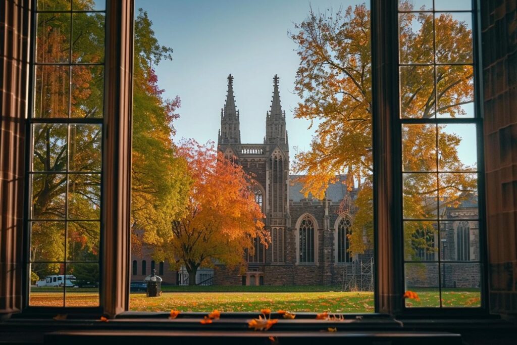 Cinematic editorial photograph of a double-hung wooden window viewed from inside a room, lower sash slid upward and open, revealing Washington University's Gothic towers and vibrant autumn foliage through the upper glass pane, representing the GSI enrollment window available to WashU residents from Match Day through the end of residency training.