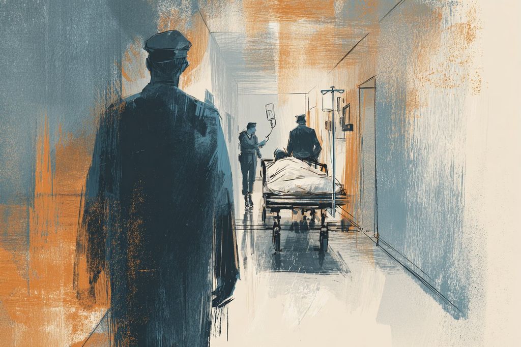 Paramedic corridor rush at NewYork-Presbyterian Brooklyn Methodist, painterly illustration of act of violence disability provision
