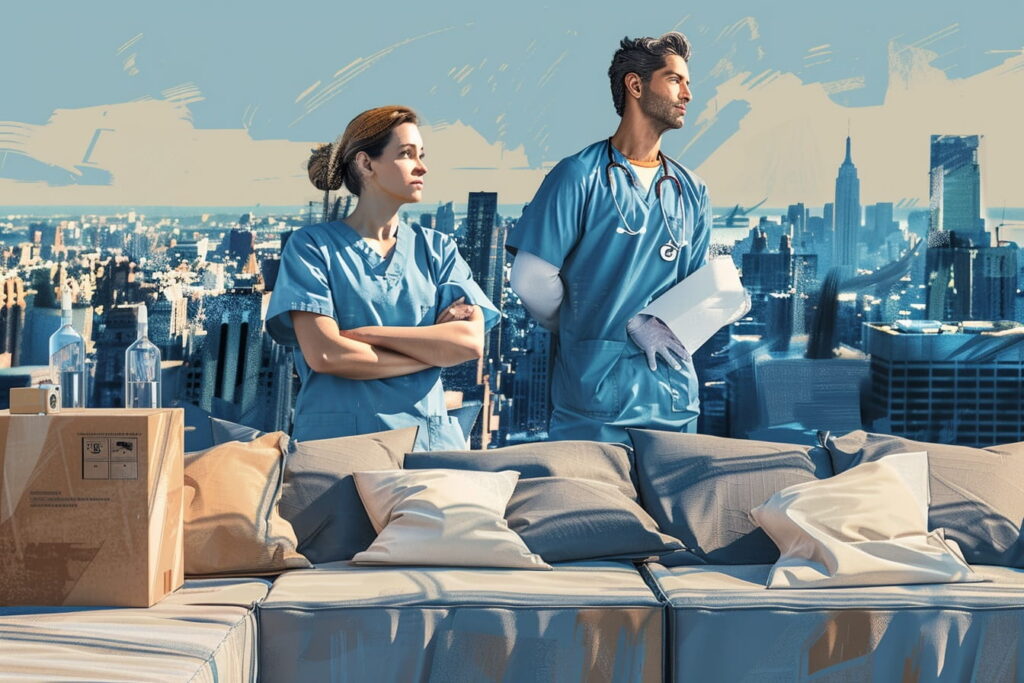 Two medical residents in scrubs standing before a New York City skyline with moving boxes and an unmade bed, illustrating the cost-of-living gap NewYork-Presbyterian residents face when selecting a GSI disability insurance benefit amount at enrollment.