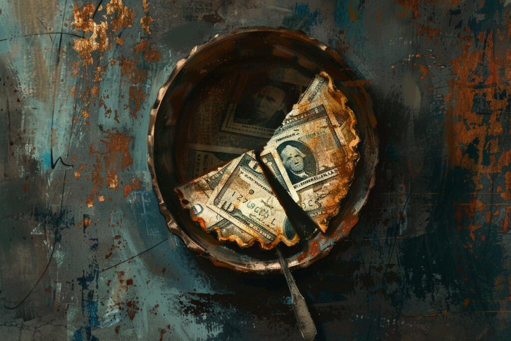 Painterly editorial illustration of a nearly empty pie dish filled with folded dollar bills and one remaining slice, symbolizing the limited income replacement SSDI provides to high-earning executives under the SSA benefit formula.