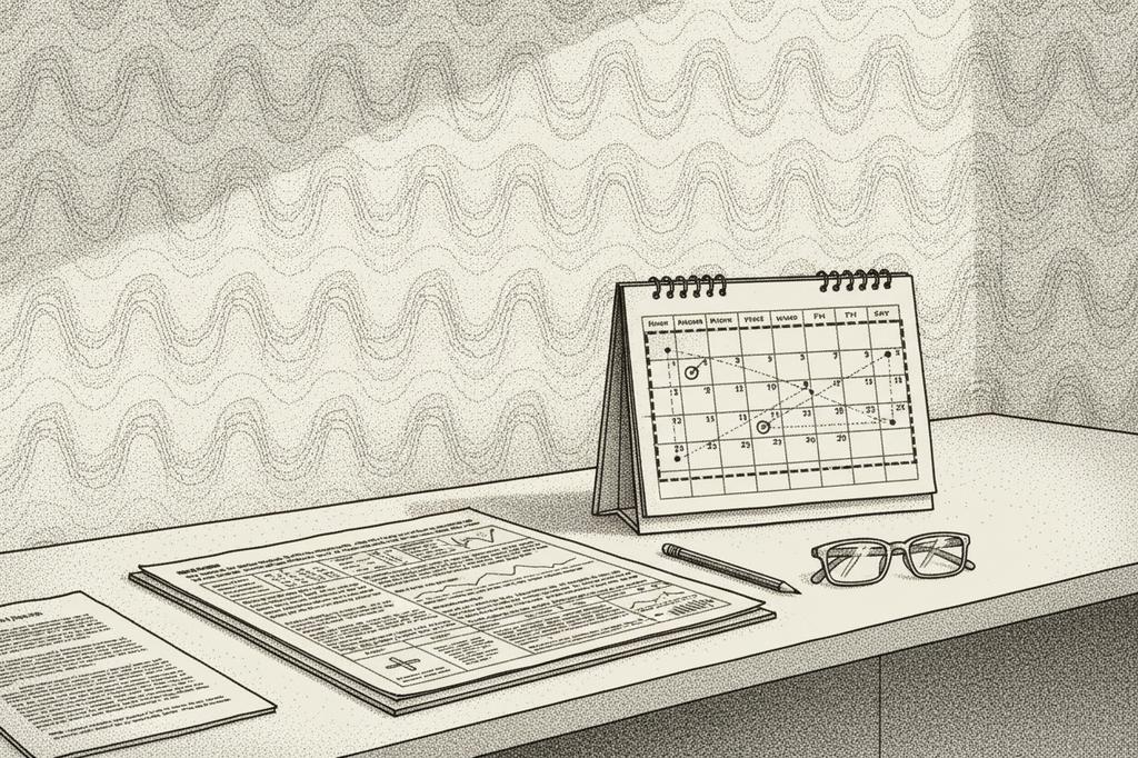 Stipple illustration of an open patient chart and a calendar with a six-month window marked on a clinic desk in late afternoon light, evoking the Helena Arkansas GSI Recurrent Disability provision and its six-month continuation rule.
