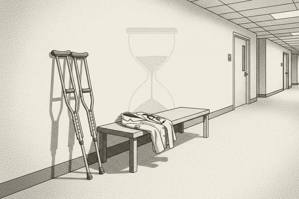 Stipple illustration of post-operative crutches leaning against a hospital corridor wall beside a folded white coat on a bench, with a faint hourglass overlay, evoking the HSS Weill Cornell GSI Short-Term Residual Rider's six-month bridge benefit.