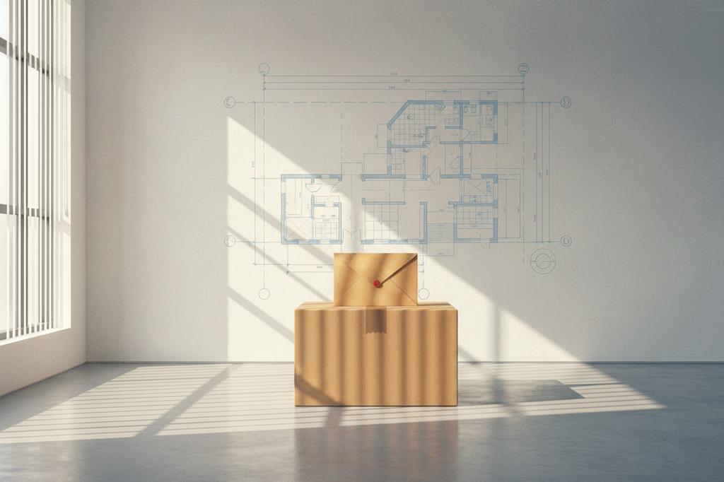 Painterly illustration of a moving box on the floor of an empty professional office with a sealed manila envelope on top, afternoon window light through partially-drawn blinds, evoking the Little Rock UAMS GSI Unemployment Waiver of Premium Rider.