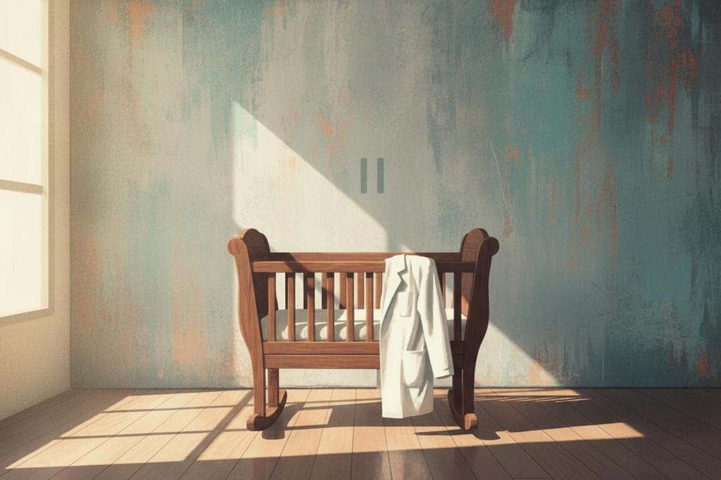 Painterly illustration of a wooden cradle in a sunlit nursery with a folded white coat draped over the rail, evoking the New Jersey GSI Family Medical Leave Suspension Endorsement that pauses Rutgers resident GSI premium obligations.