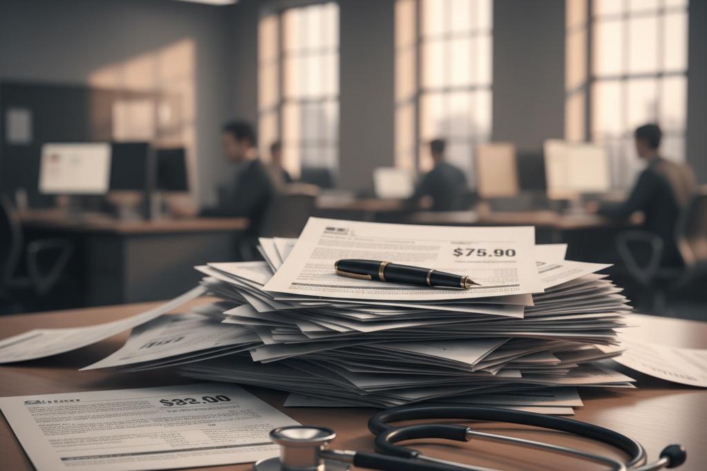 Photograph of a stack of opened student loan statements on a desk beside a stethoscope and pen, evoking the NJMS RWJ GSI Student Loan Protection Rider that pays Rutgers residents a dedicated benefit for loan obligations.