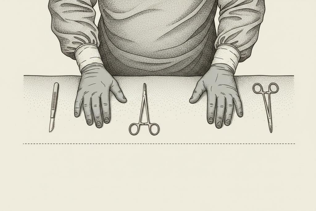 Surgeon's gloved hands resting at the edge of an operating table with surgical instruments, evoking the Pritzker Medicine GSI partial disability rider and its fifteen percent income-loss threshold.