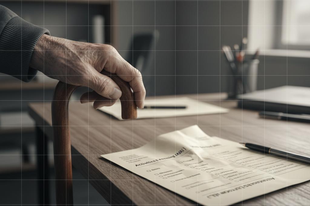 Photograph of an elderly patient's hand resting on a wooden cane beside an Activities of Daily Living assessment form on a clinical desk, evoking the Rush ADC GSI Catastrophic Disability Rider and its ADL-based trigger.