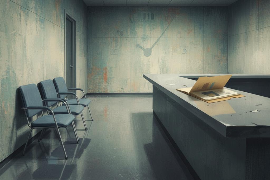 Painterly illustration of a federal government office hallway with empty waiting-area chairs and an open file folder on a counter, evoking the Rush Medical College GSI Social Insurance Substitute Rider that funds SSDI appeals during disability processing.