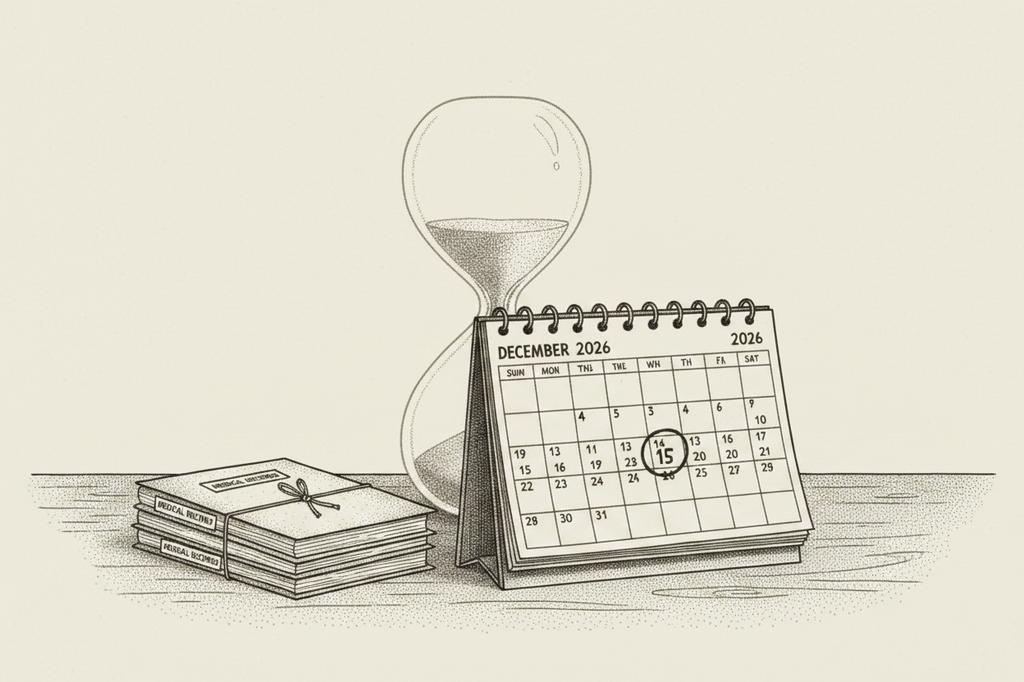 Stipple illustration of a desk calendar with a date 24 months ahead circled, a small stack of medical files beside it and a faint sand timer in the background, evoking the RWJ Newark GSI pre-existing condition limitation that expires at month 24.