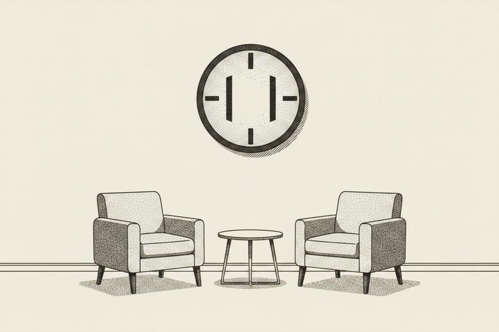 Stipple illustration of an empty therapist consultation room with two facing chairs and a clock showing a two-hour mark, evoking Strong Memorial GSI mental nervous limitation and the 24-month benefit cap.