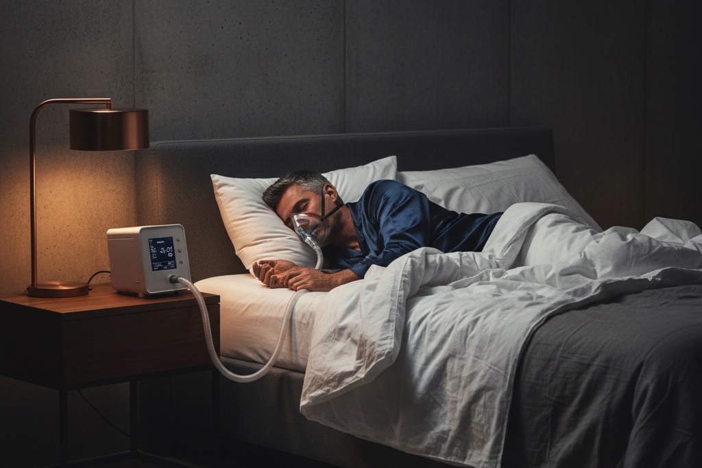 A photorealistic editorial photograph of a corporate executive in his mid-40s asleep in bed wearing a CPAP mask, with the CPAP machine on the nightstand beside him under a warm bedside lamp, illustrating the underwriting disclosure that triggers a five-year cap on executive disability insurance coverage.