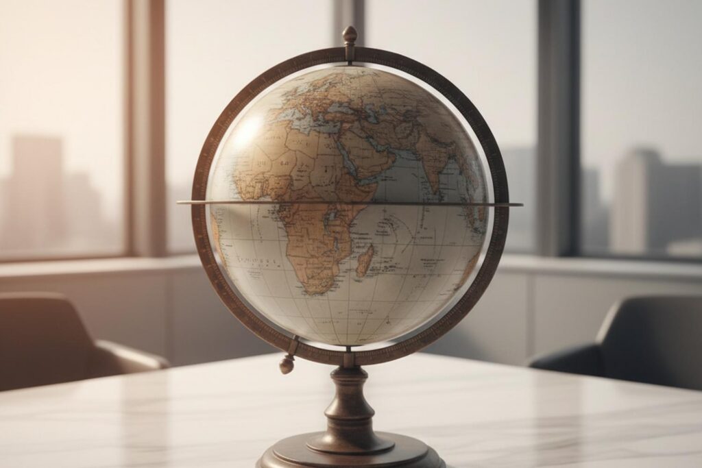 A photorealistic editorial image of a vintage globe on a marble surface in a high-rise corner office, with one continent rendered in deeper shadow than the rest of the globe, illustrating the destination-specific exclusion that disability insurance carriers carve out at the application stage for executives planning travel to high-risk regions.