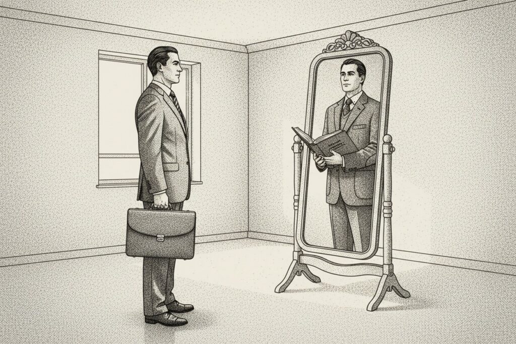 A stipple illustration of a corporate executive holding a briefcase facing a tall freestanding mirror. The mirror's reflection shows the same man dressed in academic tweed with elbow patches and holding an open book instead of a briefcase, illustrating how a group long-term disability carrier substitutes the executive's occupation at month 24 of a continuous claim.