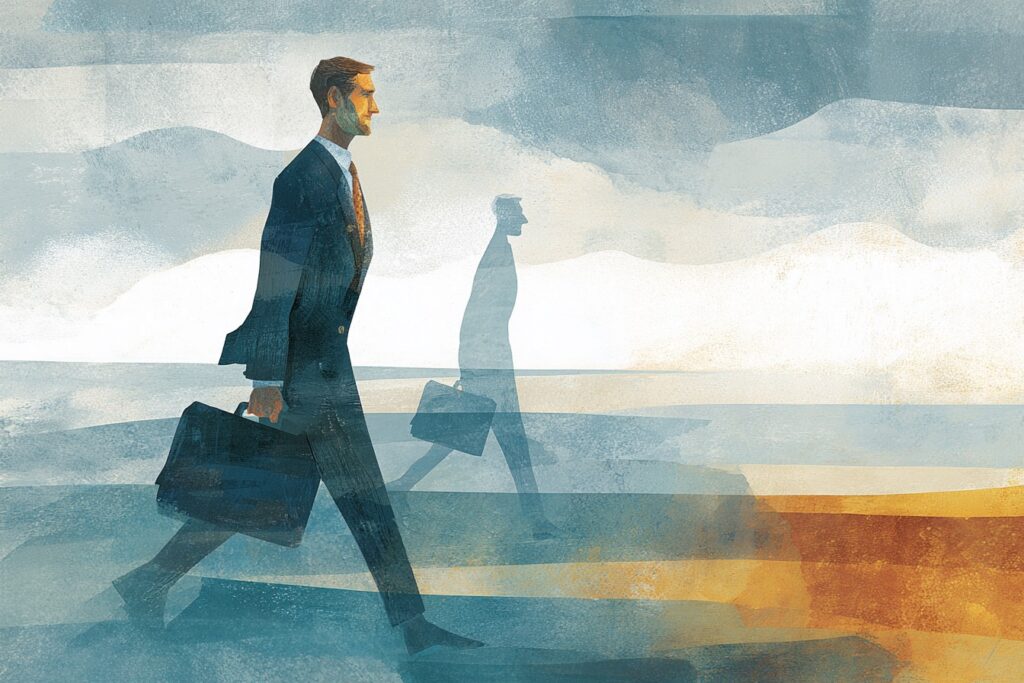 A corporate executive walks forward carrying a briefcase, accompanied by a translucent figure of his younger self also carrying a briefcase, rendered in painterly muted slate and copper tones, illustrating how a non-cancellable executive disability insurance rate locks at the moment of underwriting and travels through the rest of his career.