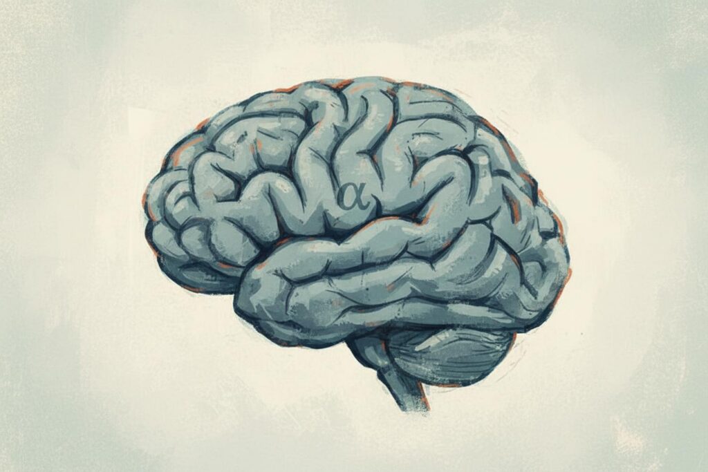 A painterly editorial illustration of an abstract brain rendered in muted slate blue with copper edge accents on a cream textured background, with a small lowercase Greek letter alpha embedded within the brain matter, illustrating the permanent rating attached to an executive disability insurance policy when mental health treatment appears in the underwriting file.