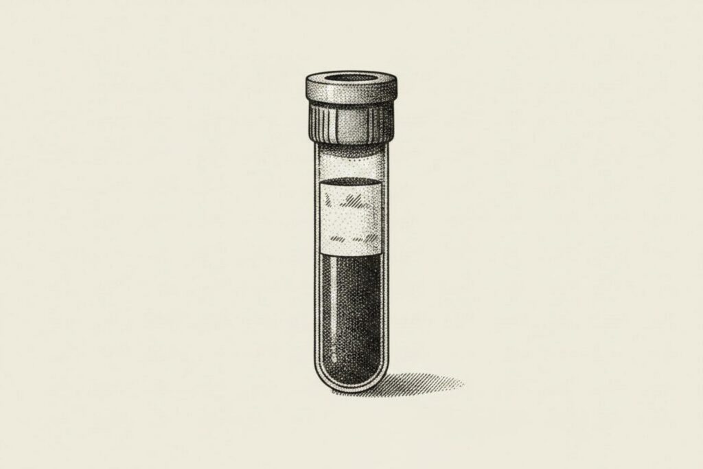 A stipple illustration of a single blood-draw vial centered on a textured background with cross-hatched detail and generous negative space, illustrating the paramedical exam result that sets the executive disability insurance rating for the life of the policy.