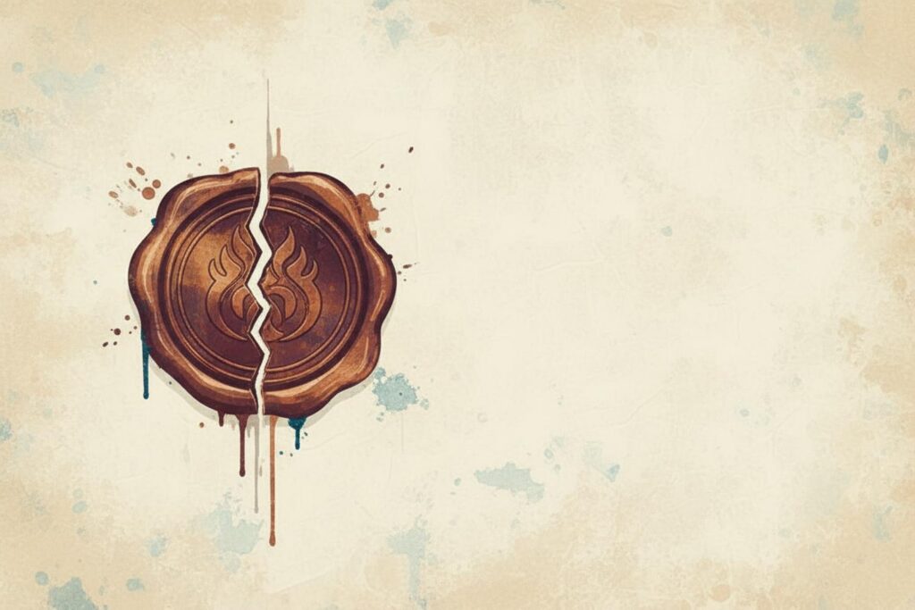 A painterly editorial illustration of a wax seal broken and partially reformed, with the two halves of the seal not quite aligning, rendered in muted slate, copper, and cream tones on a textured cream background, illustrating reconsideration of a rated executive disability insurance policy after one year of clean medical documentation.