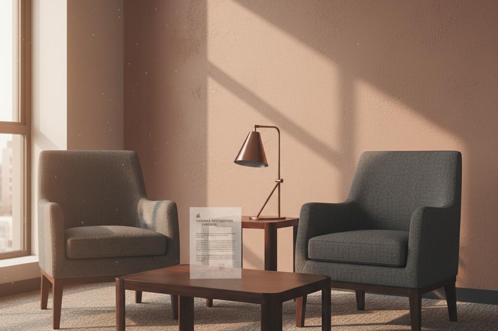 Photograph of a quiet clinical consultation room with two empty chairs facing each other across a low table, a printed policy document visible, evoking the UAMS Gender Health GSI Affirmation Procedures Endorsement that names procedures the policy covers.
