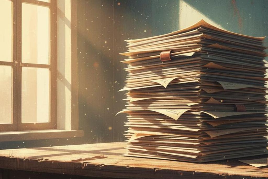 Painterly illustration of a tall stack of insurance policy documents on a weathered wooden desk in afternoon window light, evoking the UChicago GME GSI Lump Sum Disability Rider that pays at age sixty.