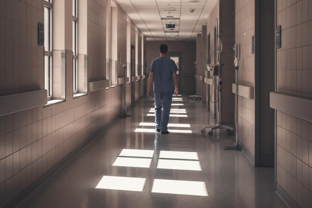 Photograph of a single figure in scrubs walking down a UChicago Medicine hospital corridor with window light angling across the floor, evoking the GSI Serious Illness Endorsement that raises disability pay during cancer, stroke, or heart attack.