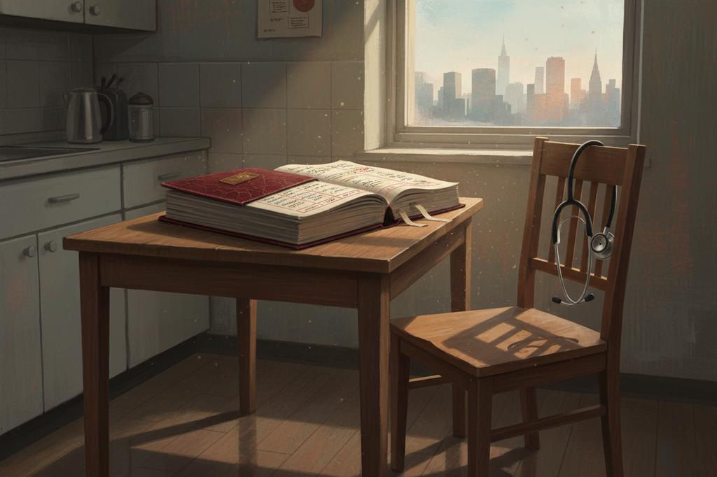 Painterly illustration of a vintage rent ledger book open on a small Manhattan kitchen table, a stethoscope draped over the chair, a faint Manhattan skyline visible through the window, evoking the Upper East Side Weill Cornell GSI Supplemental Benefit Term Rider.