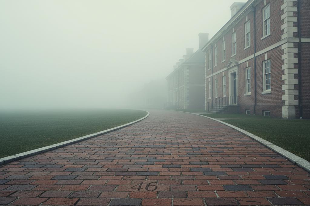 Painterly illustration of a curving brick walkway through early-morning fog past a colonial brick building, evoking the UVA Health GSI Graded Lifetime Benefit Rider and its age 46 trigger along a long career arc.
